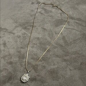 Title: Vintage Gold Tone Herringbone Necklace | Emerald Cut Crystal Pendant